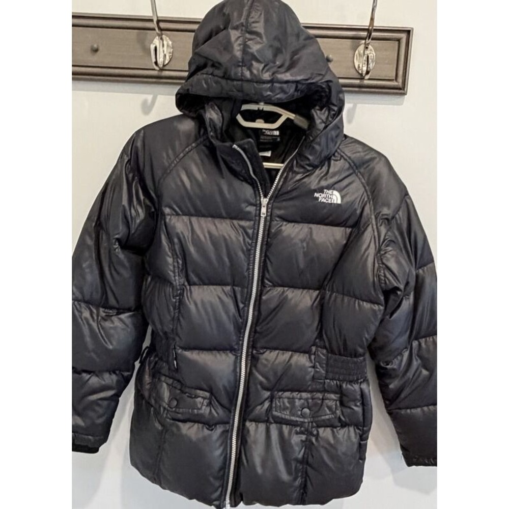 The North Face 550 Fill Black Quilted Down Jacket Hooded Nylon Full Zip Girls XL